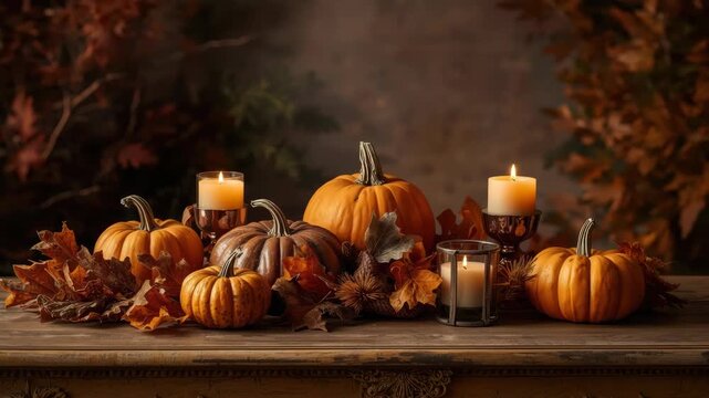 Autumn pumpkin candle centerpiece with fall leaves glowing on warm cozy wooden table centerpiece