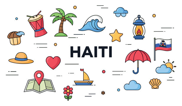 Haiti symbols: map, flag, palm tree, drum, and island icons in vector style