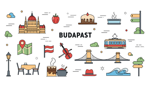 Budapest icon set: landmarks, culture, and food illustrations