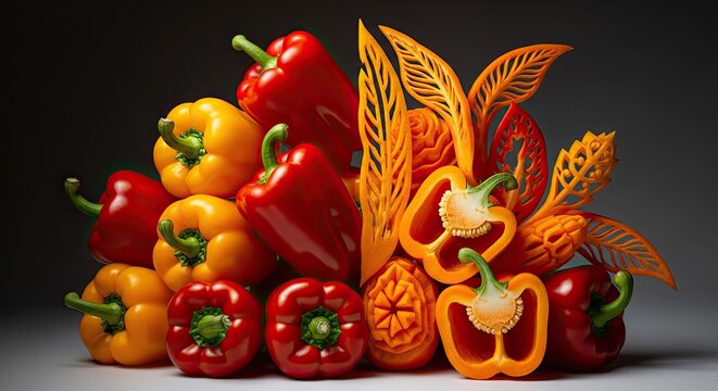 Vibrant Bell Peppers and Artistic Vegetable Carvings