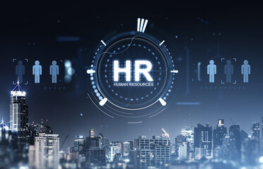 Human resources digital interface over modern cityscape with tech icons and futuristic concept...