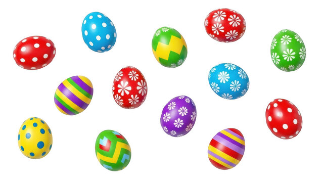 Thirteen scattered decorative Easter eggs with various patterns