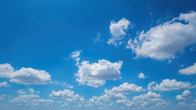 Bright blue daytime horizon with fluffy white cumulus cloudscape drifting peacefully