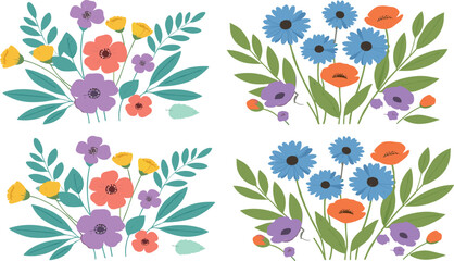 Colorful Floral Bouquet Vector Set with Wildflowers Leaves and Botanical Arrangements for Spring and Summer Designs