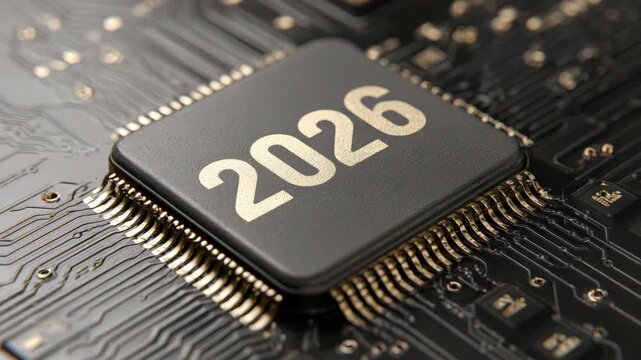 Close-up of microchip with 2026 designation indicating future technology trends.