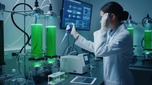 Scientist examining nutrient levels in algae cultures within a controlled bioreactor environment ensuring healthy biomass extraction and productivity.