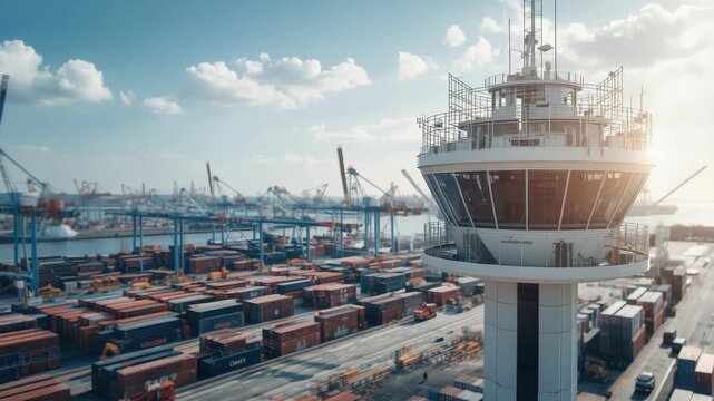 Port control tower overlooks busy container port golden hour container port control tower