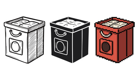 Sketch and pixel art style cube speakers in black, white, and red variations