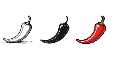 Chili peppers: hand-drawn, monochrome, and pixel art variations