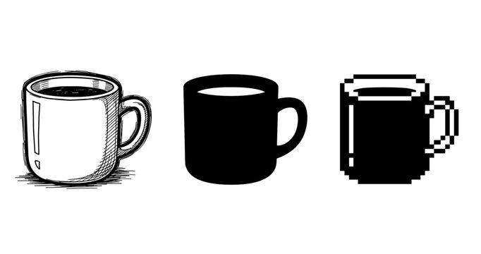 Evolution of coffee mugs: sketch, silhouette, pixel art