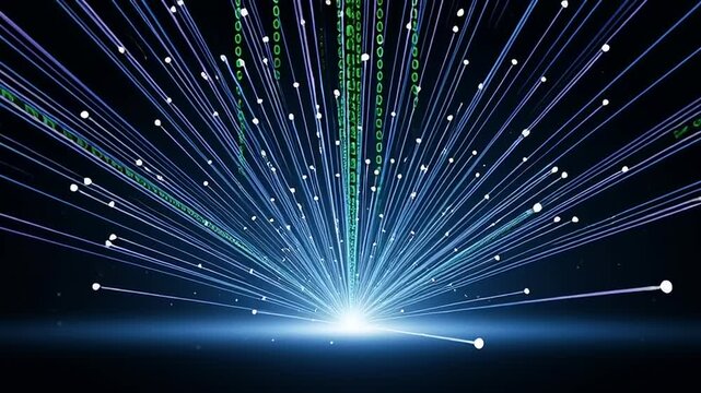 Dynamic digital data streams with binary code radiating from a luminous core, symbolizing high-speed global network connectivity and advanced technology