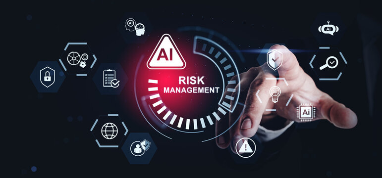 AI risk management concept with futuristic interface and human hand interacting with digital security and innovation icons on dark background.