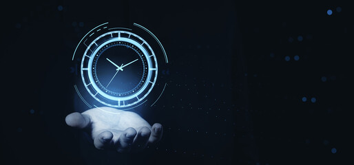 Futuristic time management concept with digital clock above open hand on dark background representing planning and business efficiency. © ImageFlow