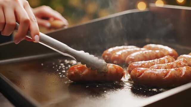 Close-up of sausages sizzling on a hot griddle, being flipped with tongs