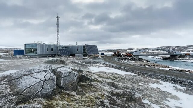 Modern building with solar panels and communication tower beside a river, rocky terrain and bridge visible in the background under cloudy sky in a remote northern region