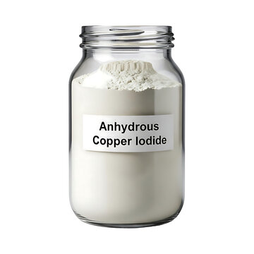 A glass jar filled with anhydrous copper iodide powder on a plain background viewed from the front.