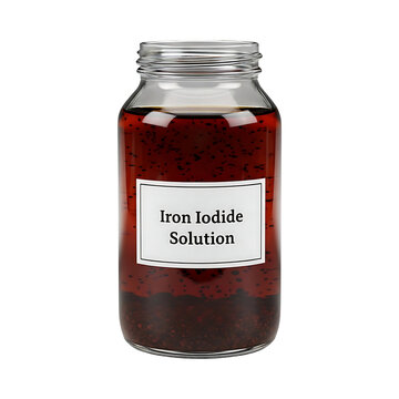 A glass jar containing iron iodide solution with a clear label on a transparent background viewed from the front