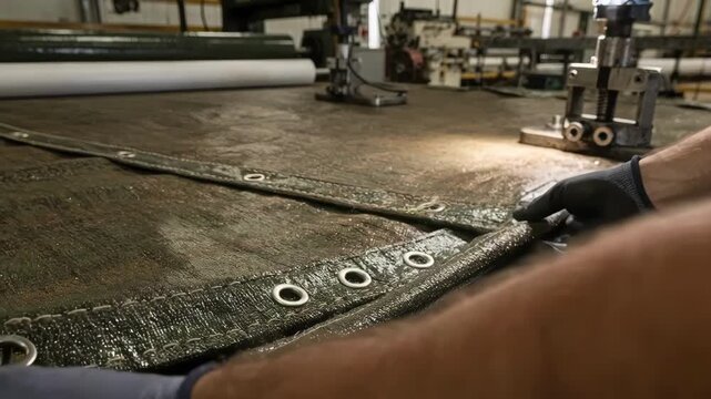Manufacturing heavyduty agricultural tarps with reinforced edges and metal eyelets emphasizing strength and durability for farm use.