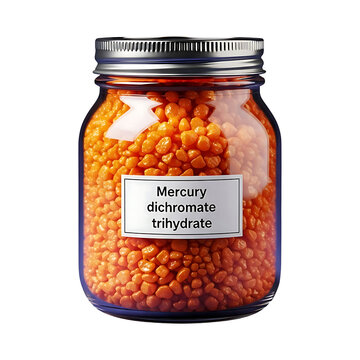 A transparent glass jar filled with orange granules labeled 'Mercury dichromate trihydrate' on a white background, viewed from a straight-on perspective.