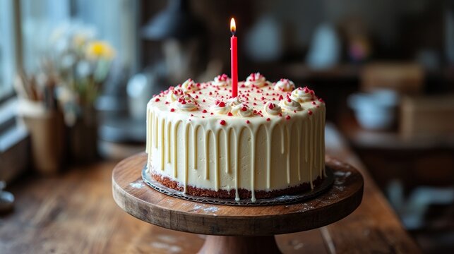 A cake with red berries and a burning candle on a wooden tray creates a cosy backdrop for a birthday celebration or cooking master class.