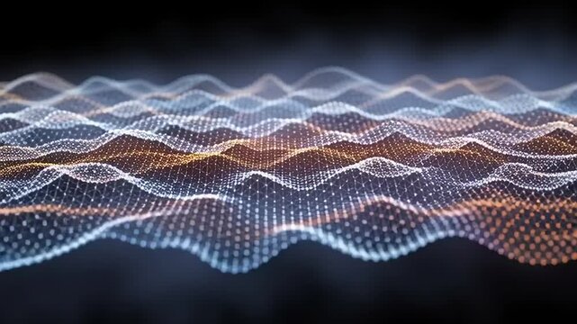 Abstract background with glowing light particles forming a wavy pattern in a dark environment with subtle smoke