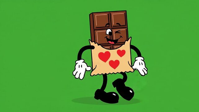 2D animation of a cute chocolate bar walking confidently set against green screen background for Valentine's Day.