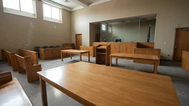 Courtroom interior with wooden benches and tables arranged for a legal proceeding, large windows allowing natural light to illuminate the space