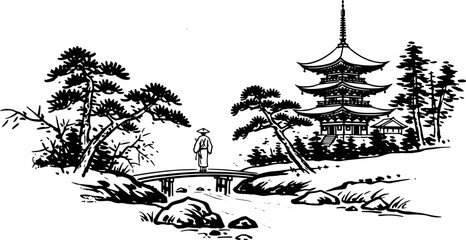 Fototapeta premium Traditional Japanese Pagoda Landscape Illustration.