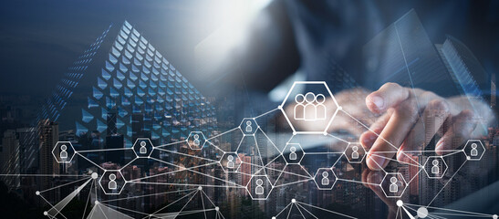 HR, Human resources management and recruitment, outsourcing, headhunting concept, business team building. Customer relationship management CRM, global business.