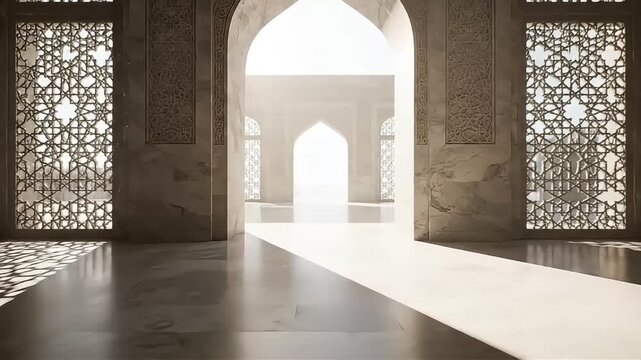 Dolly forward through an Islamic archway. Sunlight through mashrabiya windows casts geometric shadows on polished marble. Serene, bright, photorealistic architectural visualization.