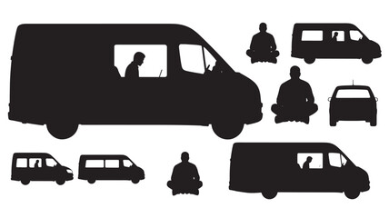 Collection of various vehicle silhouettes and people in different poses on a plain background from multiple viewpoints