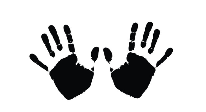 Two black handprints facing each other on a white background