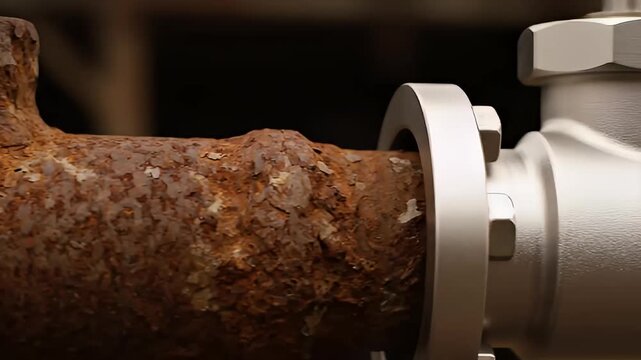 Severely rusted industrial pipe section meeting a pristine, modern silver connection fitting.