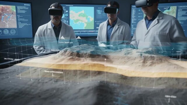 Medium shot showcasing an augmented reality interface projecting detailed sand strata over a physical terrain model for immersive geological planning.