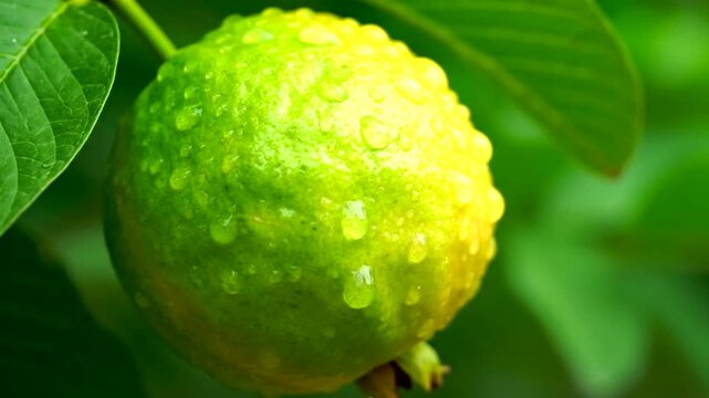 Close up of a ripe guava fruit with water droplets on its skin hanging from a tree branch surrounded by green leaves.