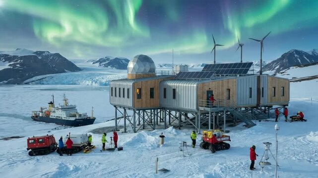 Group of researchers in red jackets working around a modern research station on ice, with wind turbines and aurora borealis illuminating the night sky