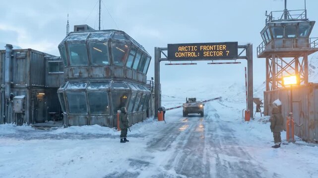 Military vehicle approaches Arctic Frontier control checkpoint in snowy landscape, with guard personnel and watchtowers visible in the background