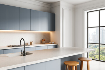 Modern minimalist kitchen interior with blue cabinets, light countertops, and large window view of cityscape and park in bright daylight background. 3D Rendering