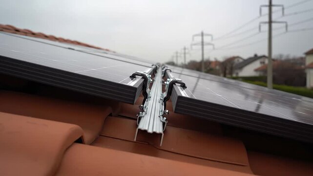 Aluminum racking system close up detail for solar panel installation on terracotta roof tiles in a residential area