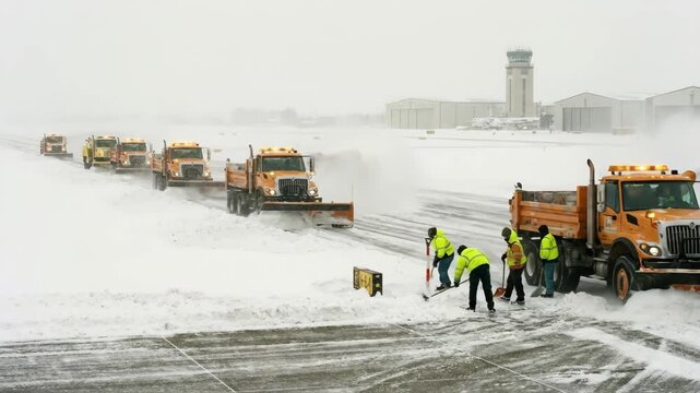 Snow removal operation at an airport with multiple snowplows clearing runways while workers shovel snow, showcasing teamwork in winter conditions