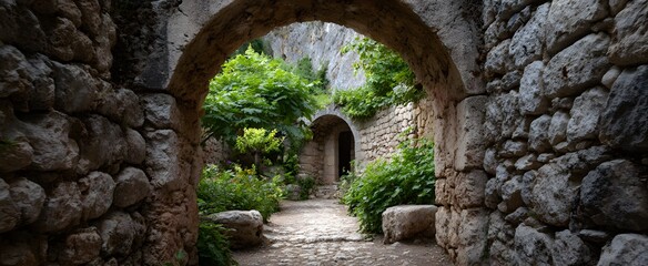 Fototapeta premium the narrow stone archway opening to a historic corridor or old tunnel