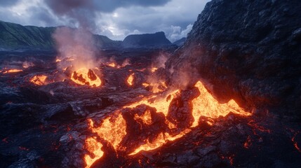 Molten lava flowing and cooling into jagged sharp formations on a volcanic landscape under a cloudy sky