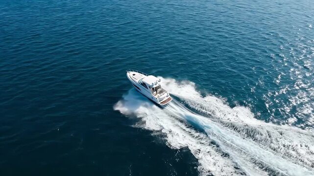 Aerial top view of speedboat sailing fast on blue ocean water