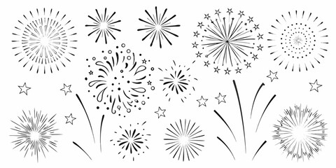 Detailed sketch of various firework bursts and sparkling stars