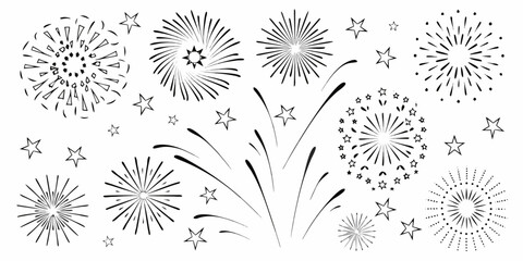 A black and white illustration depicting various stylized firework bursts and stars