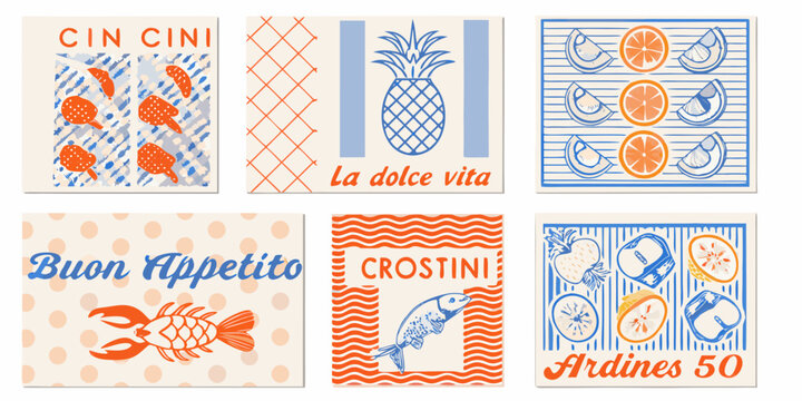 Collection of vintage style illustrated tiles with summery and seafood motifs