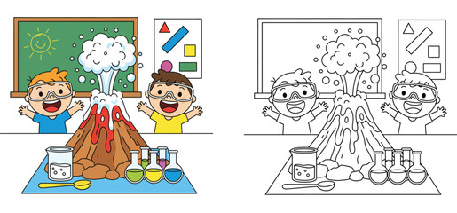 Fototapeta premium Kids Science Experiment Volcano Eruption Coloring Page for Children with Colored Version and Black and White Line Art Illustration, Educational School Project with Happy Students in Lab