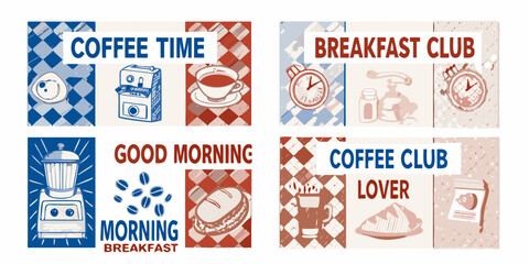 Naklejka premium Four decorative tiles featuring coffee breakfast and morning themes
