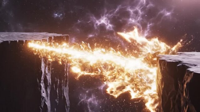 Celestial Divide: A breathtaking cosmic vista unfolds, as a radiant bridge of energy spans the chasm between two celestial bodies. The cosmos is illuminated with fiery tendrils.
