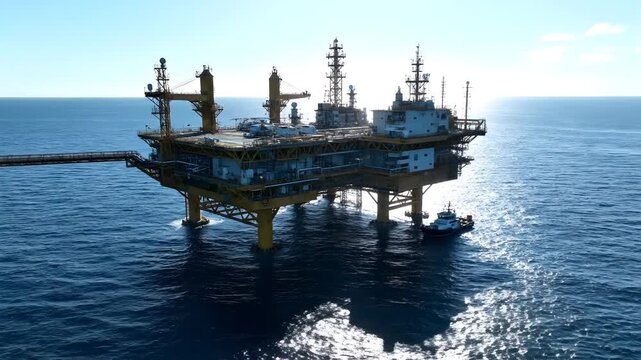 Offshore oil rig platform stands tall in the open ocean with a service boat alongside viewed from an aerial perspective